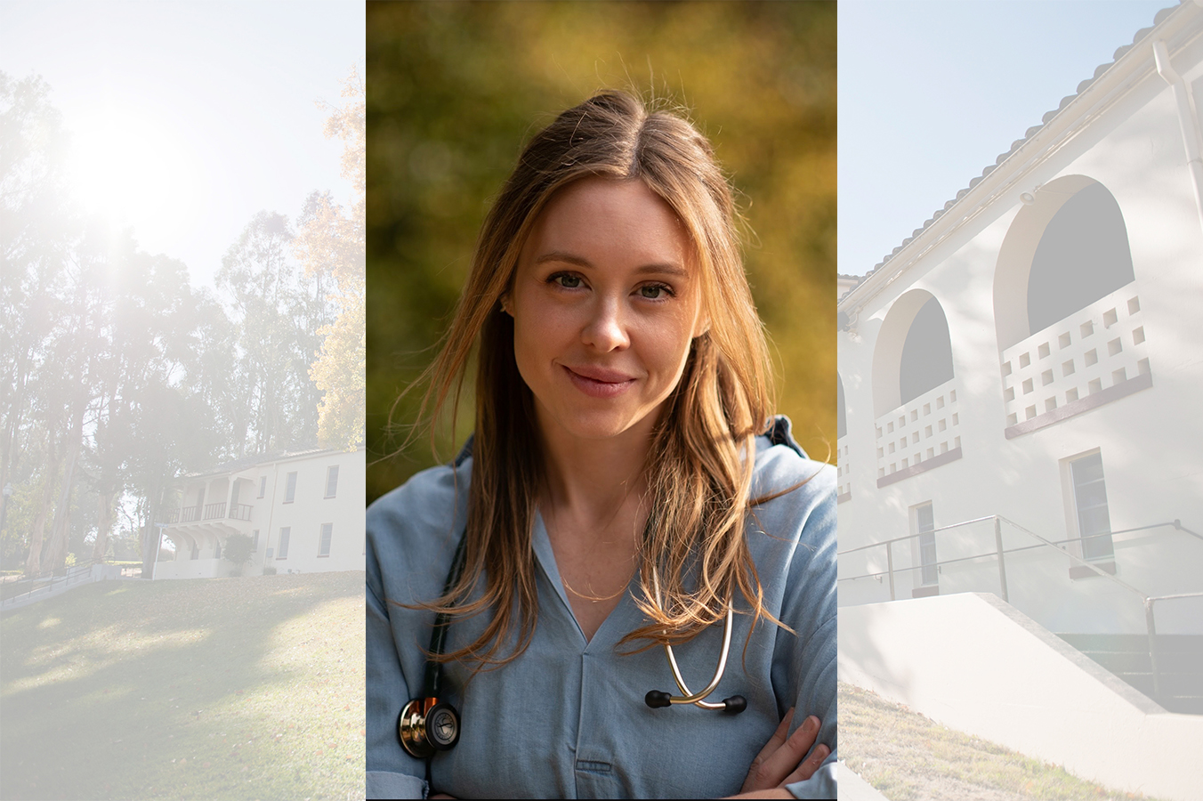 A composite photo shows Student Doctor Caroline Auxier (MSMHS Class of 2021), a third-year osteopathic medical student, who earned a national Platinum Award for her 275 hours of TOUCH service. The Platinum Award is granted to the student who dedicates the most hours of TOUCH-related service at their osteopathic medicine campus.