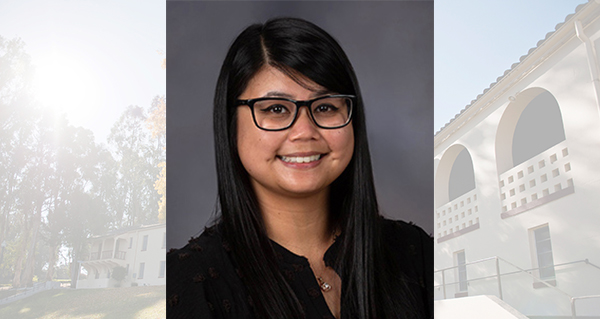 A photo of Dr. Joanne Canedo is shown against a background image of Wilderman Hall on the Touro University California campus.