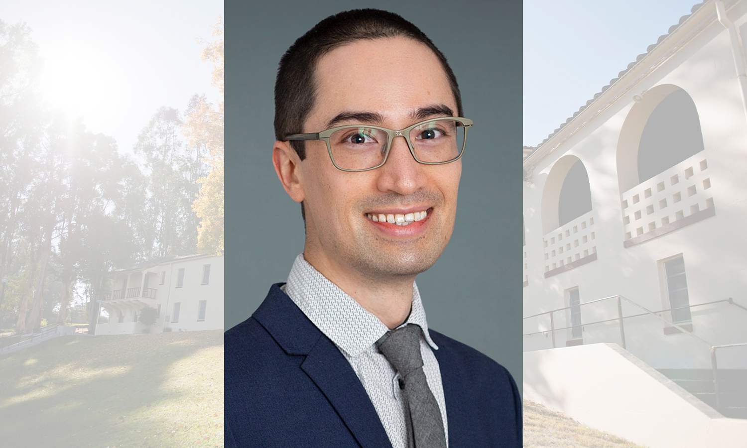 An image of Dr. Jonathan Revels, DO Class of 2012, is shown against an image of Wilderman Hall on the Touro University California campus. Revels is the recipient of the inaugural TUC Alumni Researcher of the Year award.