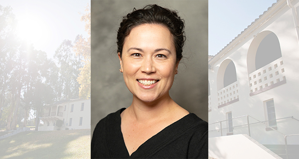 A photo of Dr. Linda Banares is shown against a background image of Wilderman Hall on the Touro University California campus.